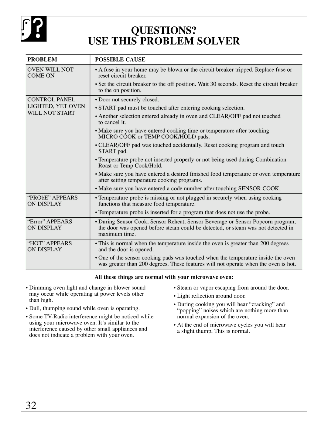 GE JEB1095 warranty QUESTIONS? USE this Problem Solver, All these things are normal with your microwave oven 