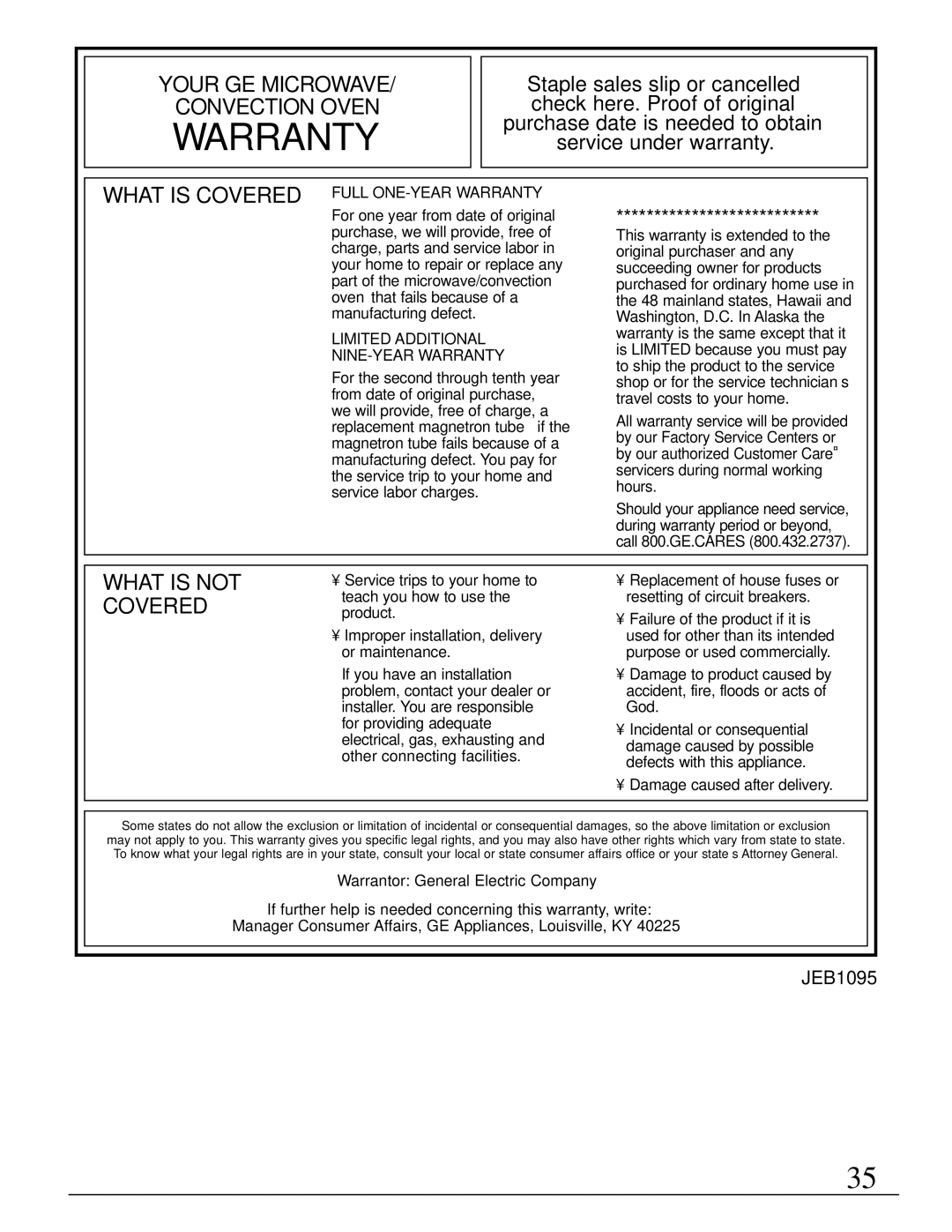 GE JEB1095 warranty Warranty 