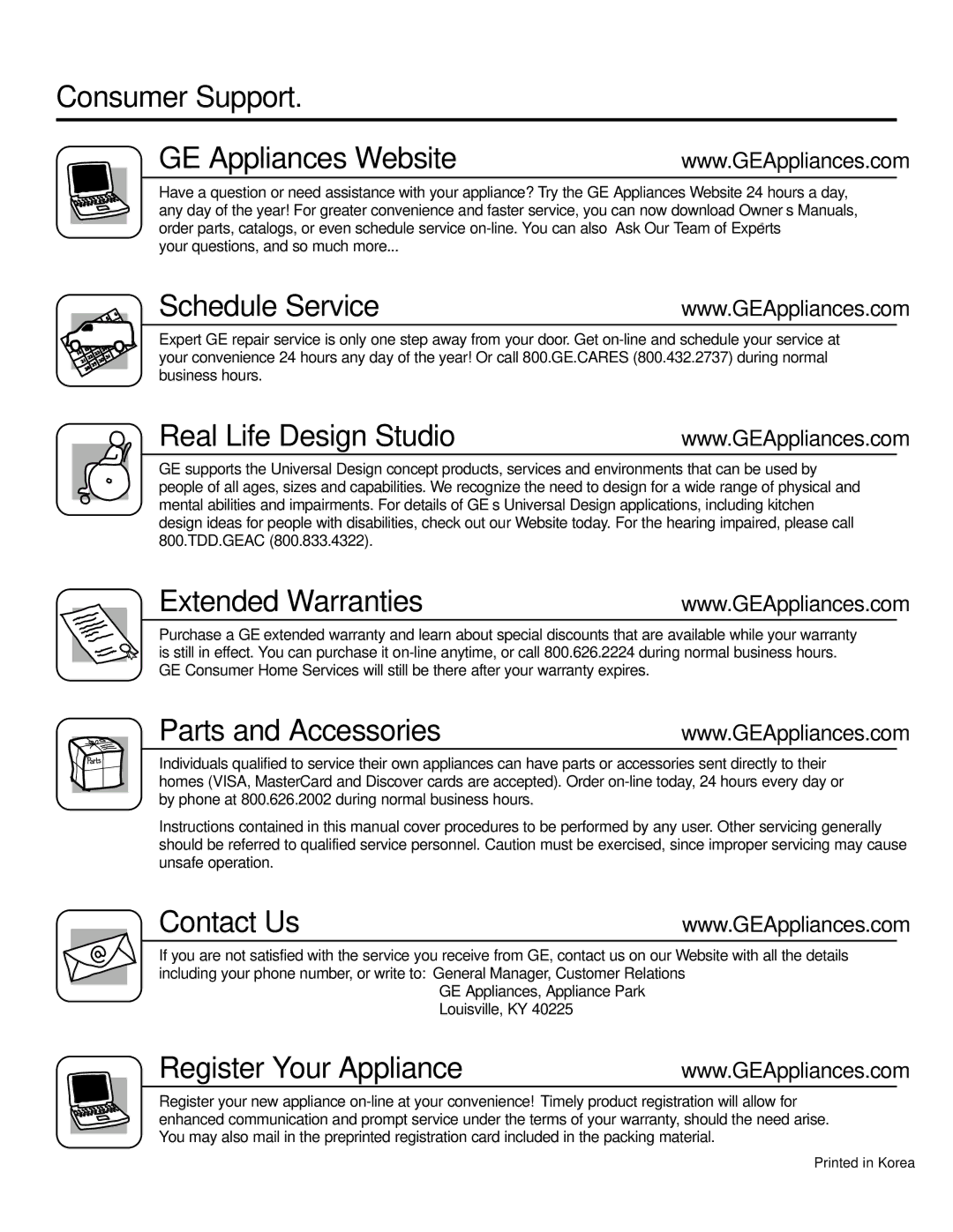 GE JEB1095 warranty Consumer Support GE Appliances Website 