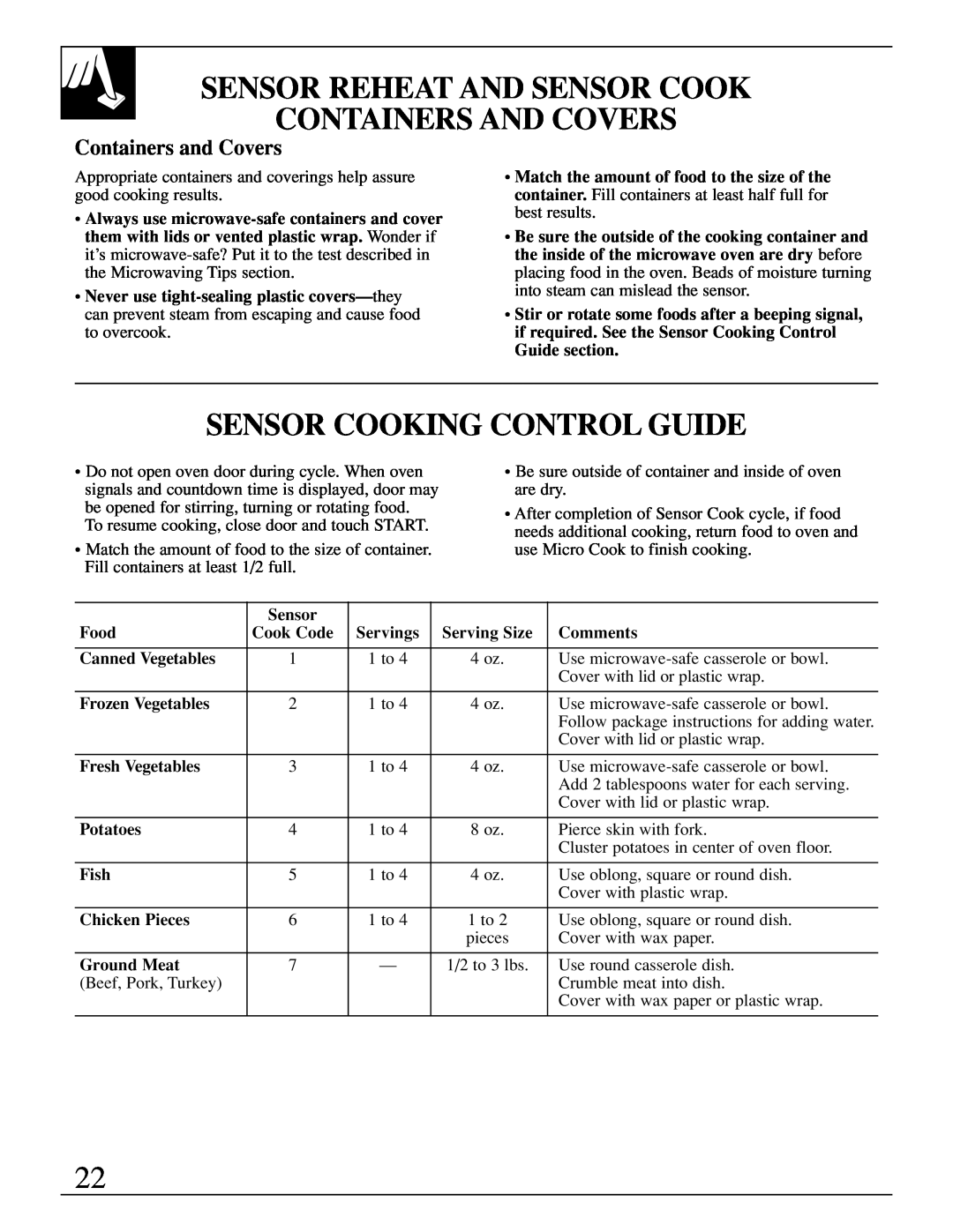 GE JEB1095 Sensor Reheat And Sensor Cook, Containers And Covers, Sensor Cooking Control Guide, Containers and Covers 