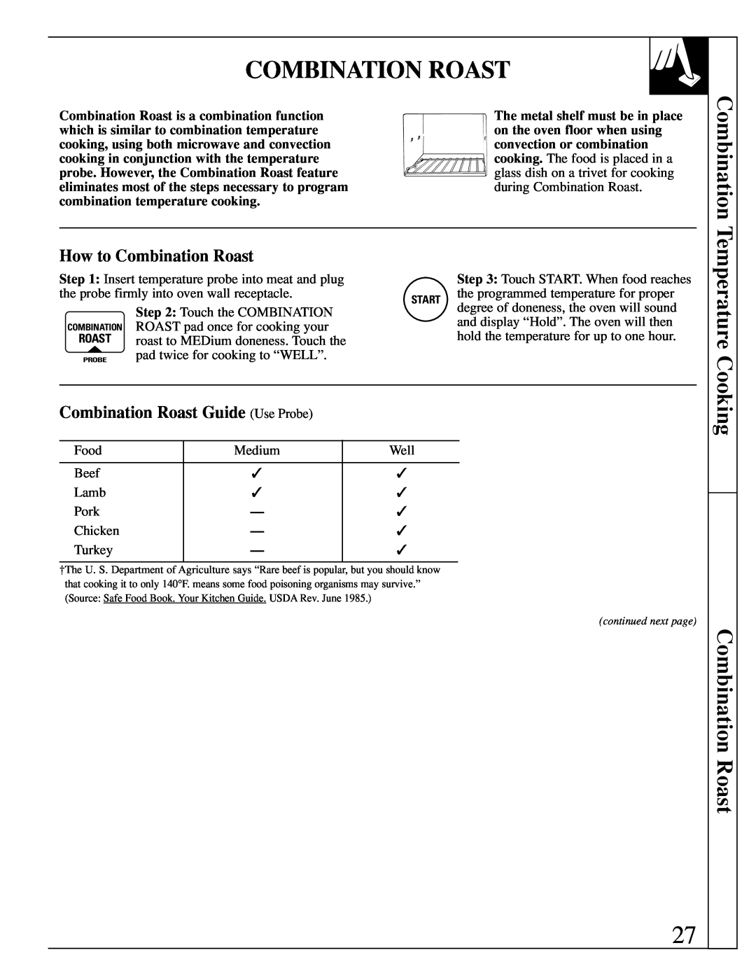 GE JEB1095 warranty Temperature Cooking Combination Roast, How to Combination Roast, Combination Roast Guide Use Probe 