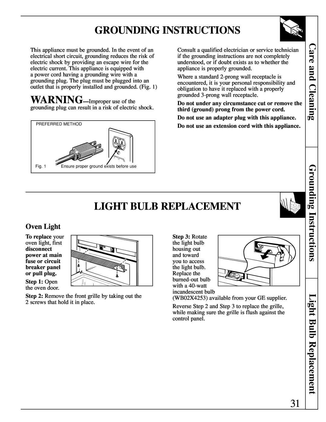 GE JEB1095 warranty Grounding Instructions, Care and Cleaning, Instructions Light Bulb Replacement, Oven Light 