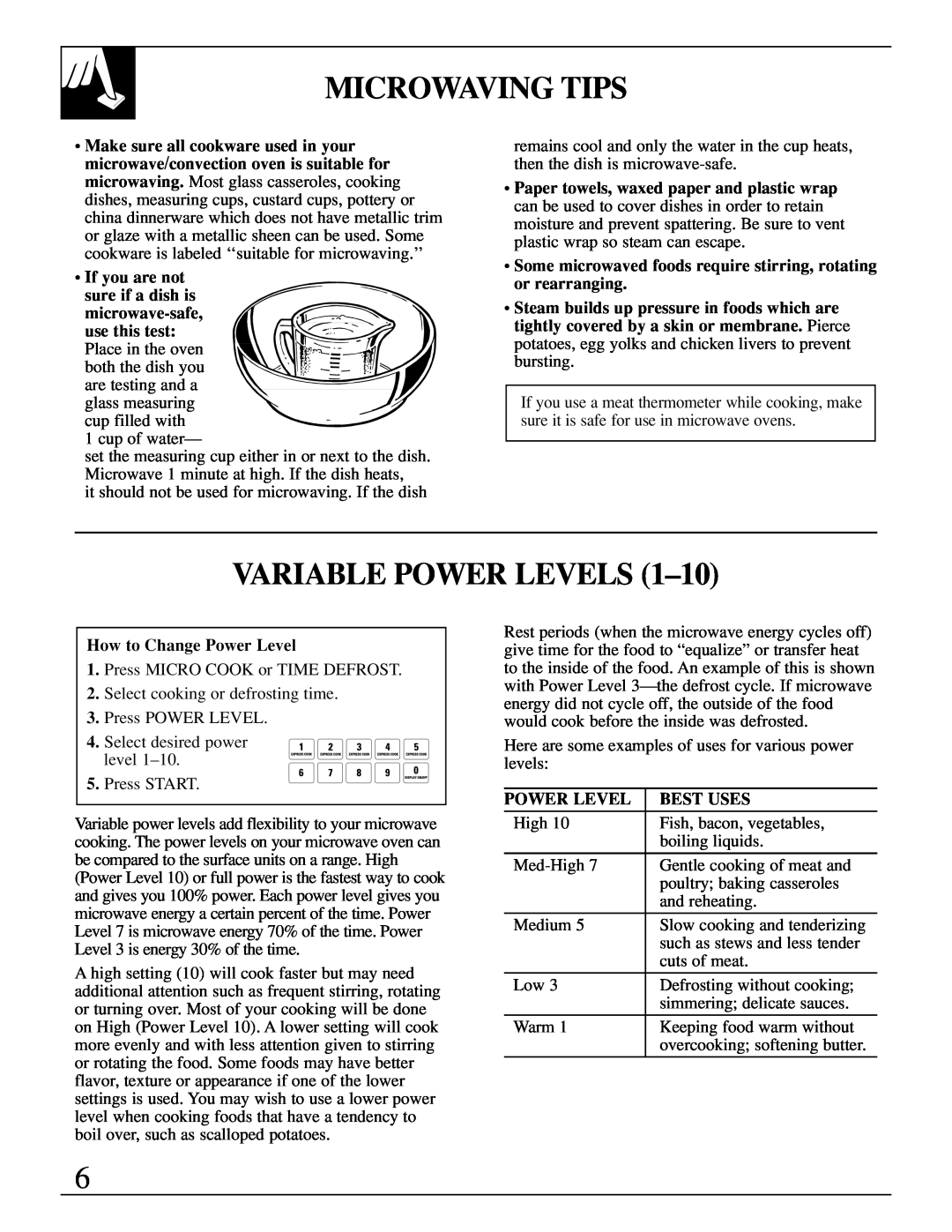 GE JEB1095 warranty Microwaving Tips, Variable Power Levels 