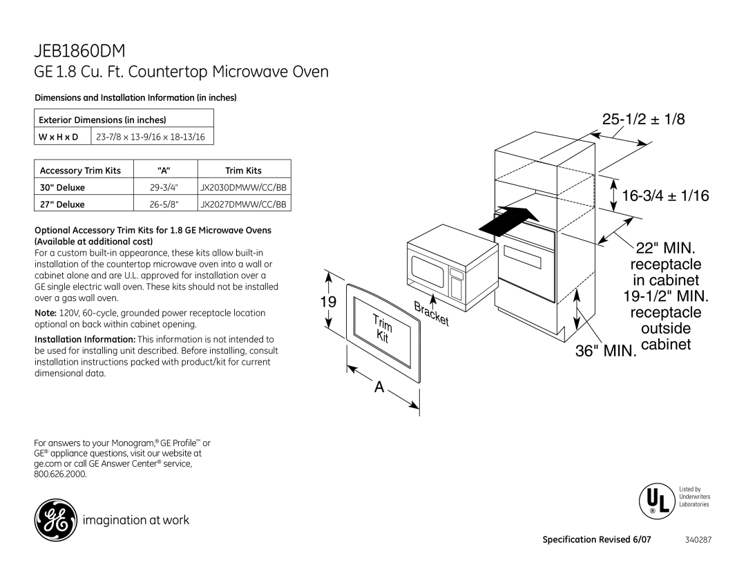 GE JEB1860DMCC dimensions Bracket, GE 1.8 Cu. Ft. Countertop Microwave Oven 