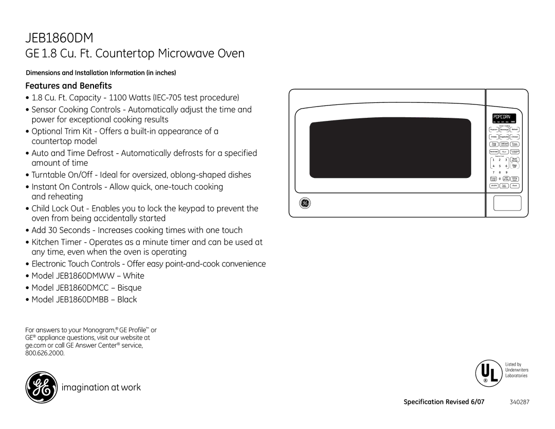 GE JEB1860DMCC dimensions Features and Benefits 