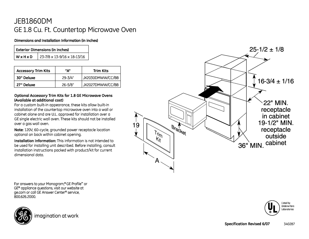 GE JEB1860DMCC dimensions GE 1.8 Cu. Ft. Countertop Microwave Oven, Bracket, 25-1/2± 1/8 16-3/4± 1/16, Trim Kit 