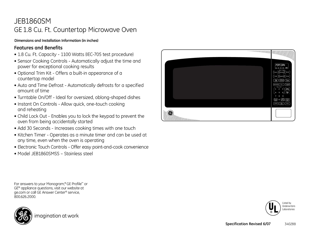 GE JEB1860SM dimensions Features and Benefits 