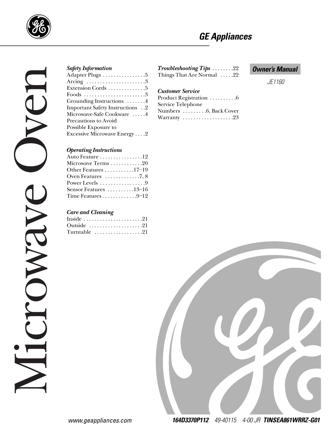 GE JEJ180 owner manual Microwave Oven, 164D3370P112 49-401154-00 JR TINSEA861WRRZ-G01 