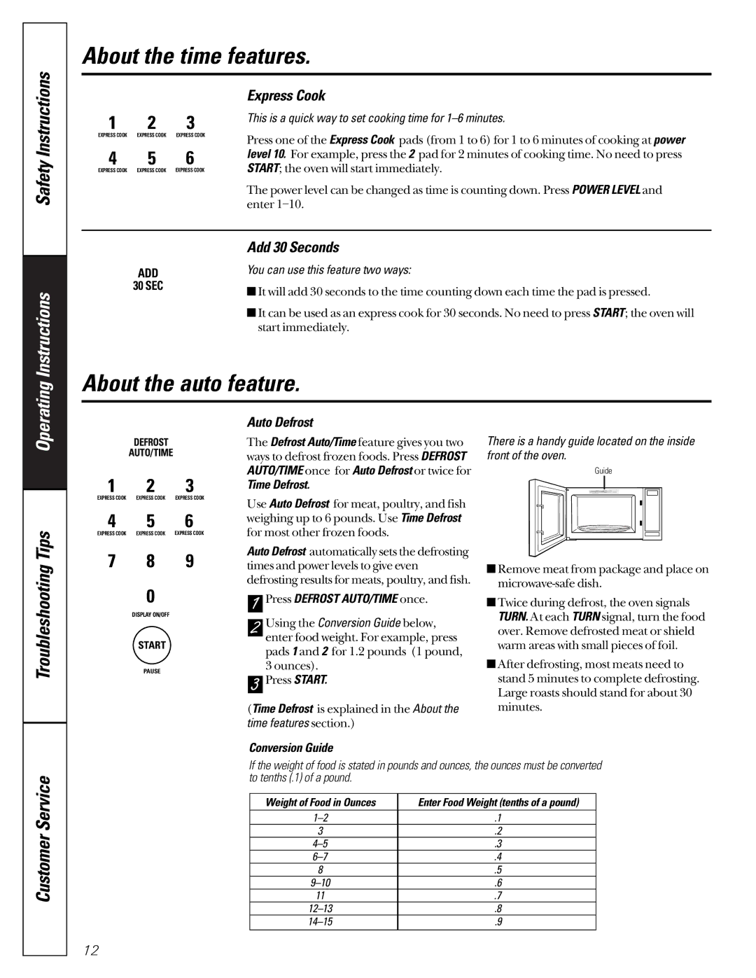 GE JEJ180 owner manual About the auto feature, Express Cook, Add 30 Seconds, Auto Defrost 