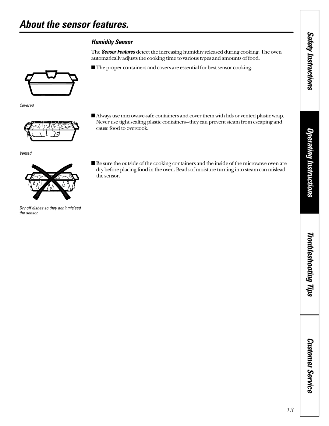 GE JEJ180 owner manual About the sensor features, Humidity Sensor 