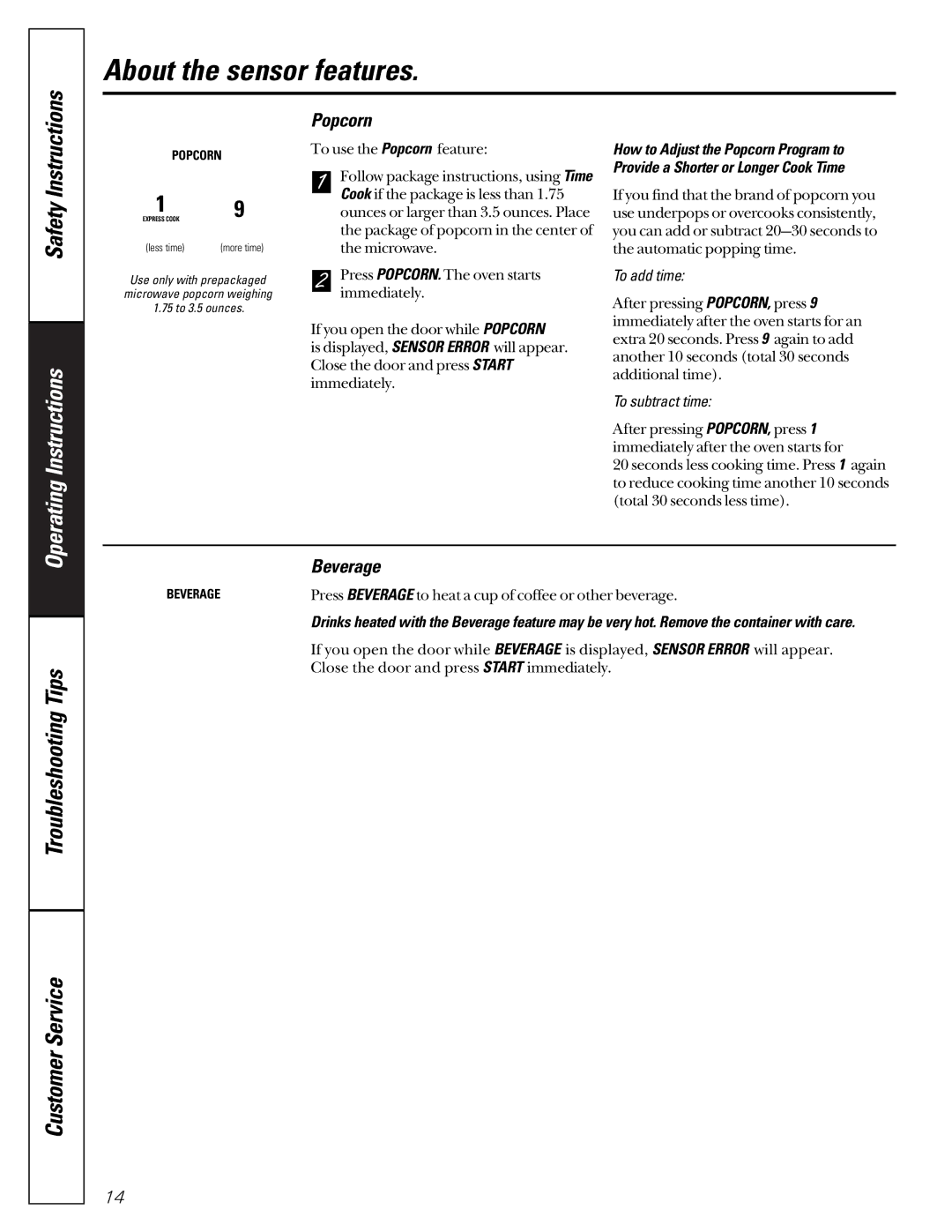 GE JEJ180 owner manual Popcorn, Beverage, To add time, To subtract time 