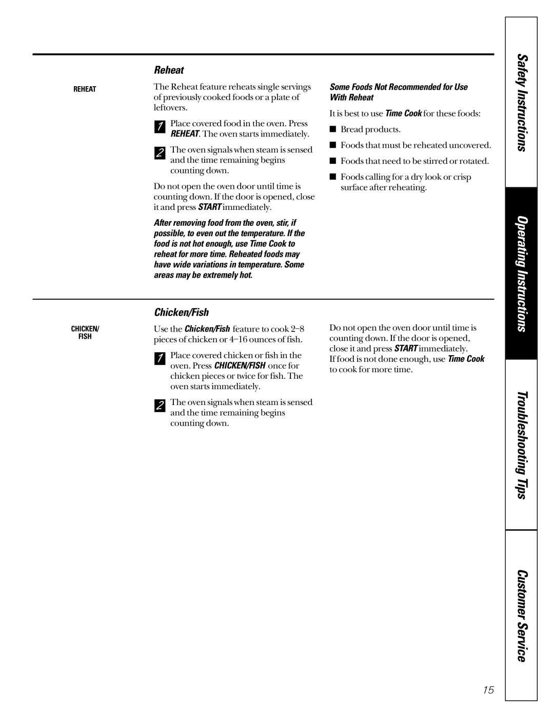 GE JEJ180 owner manual Chicken/Fish, Safety, Some Foods Not Recommended for Use With Reheat 