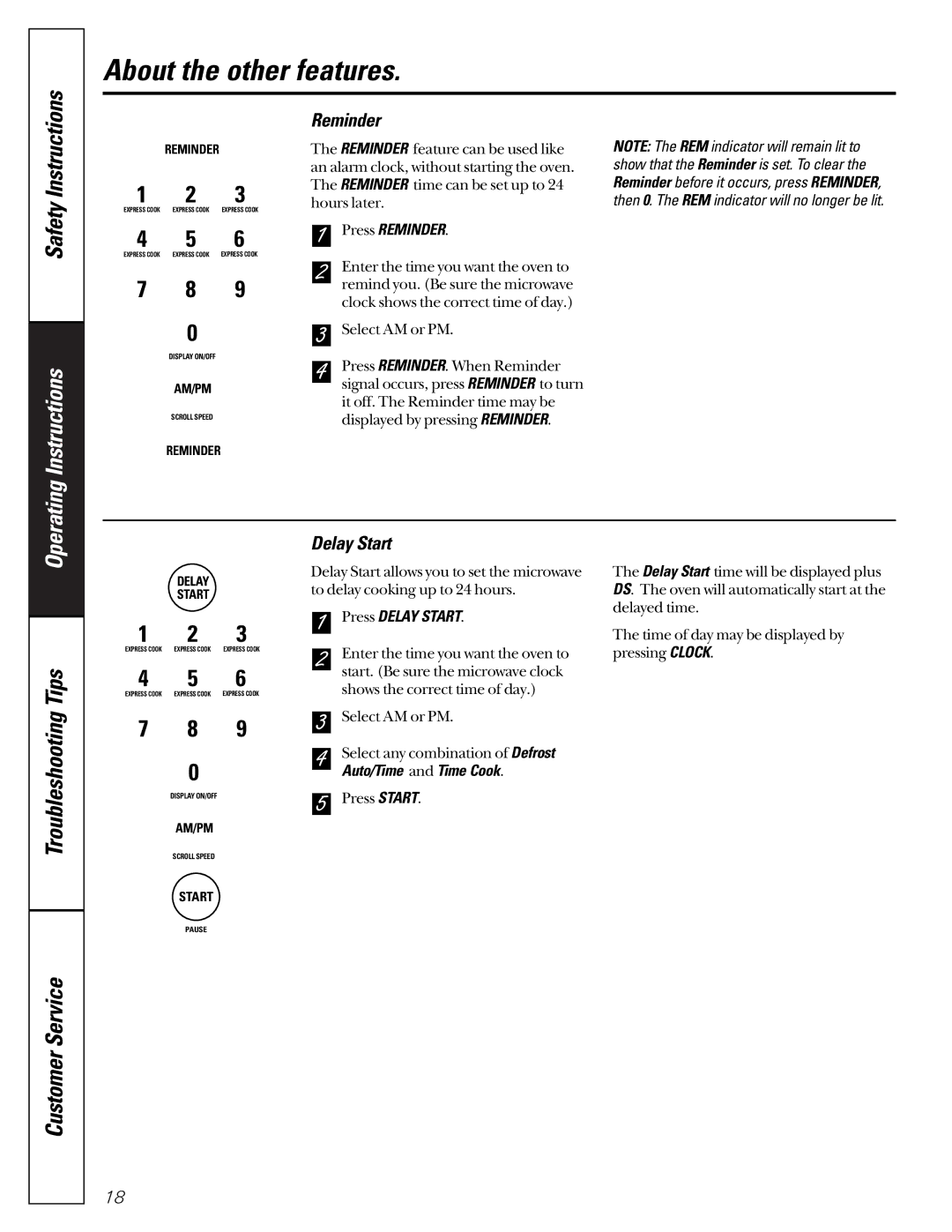 GE JEJ180 owner manual Delay Start, Press Reminder 