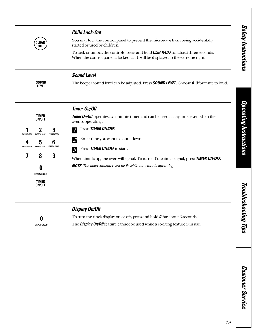 GE JEJ180 owner manual Child Lock-Out, Sound Level, Timer On/Off, Display On/Off, Press Timer ON/OFF 