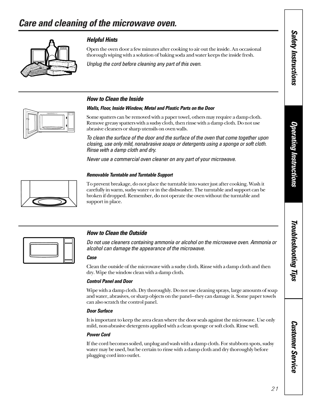 GE JEJ180 Care and cleaning of the microwave oven, Helpful Hints, How to Clean the Inside, How to Clean the Outside 