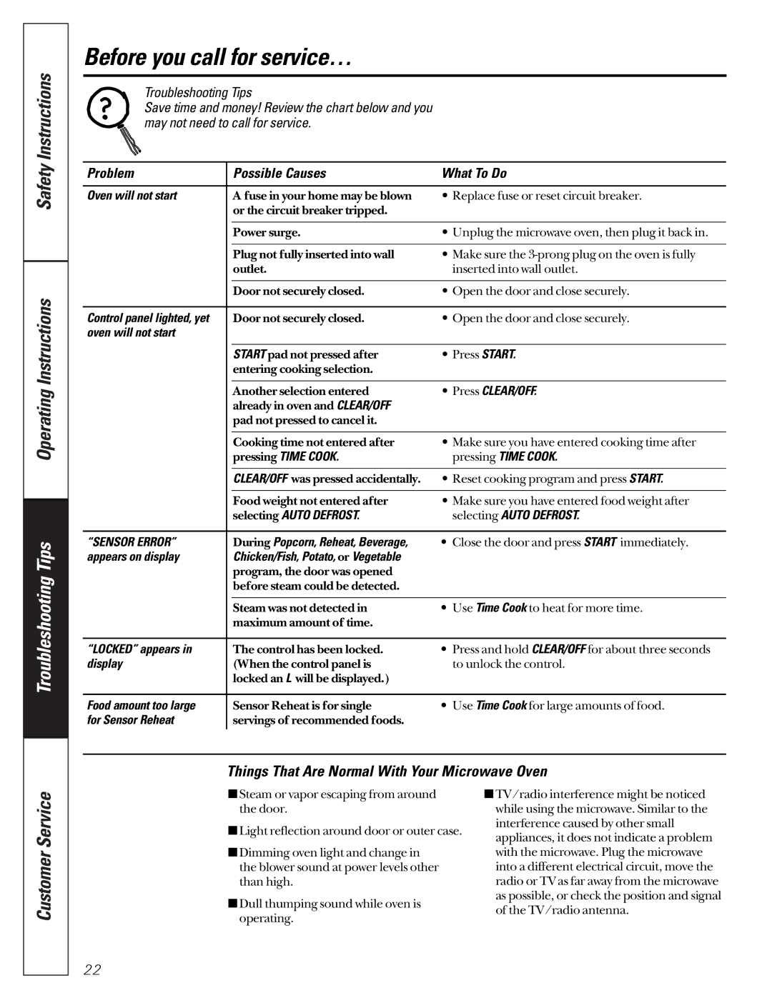 GE JEJ180 owner manual Before you call for service…, Things That Are Normal With Your Microwave Oven 