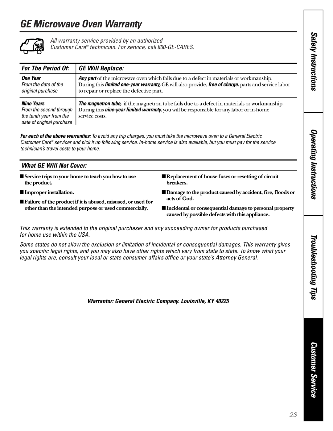 GE JEJ180 owner manual GE Microwave Oven Warranty, GE Will Replace, What GE Will Not Cover, For The Period 