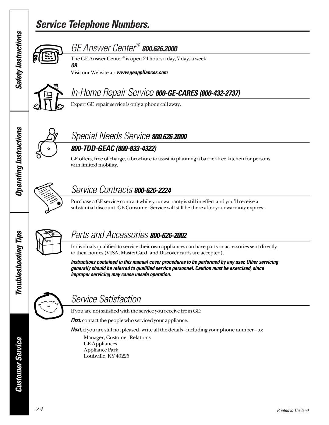 GE JEJ180 owner manual Service Telephone Numbers, GE Answer Center 