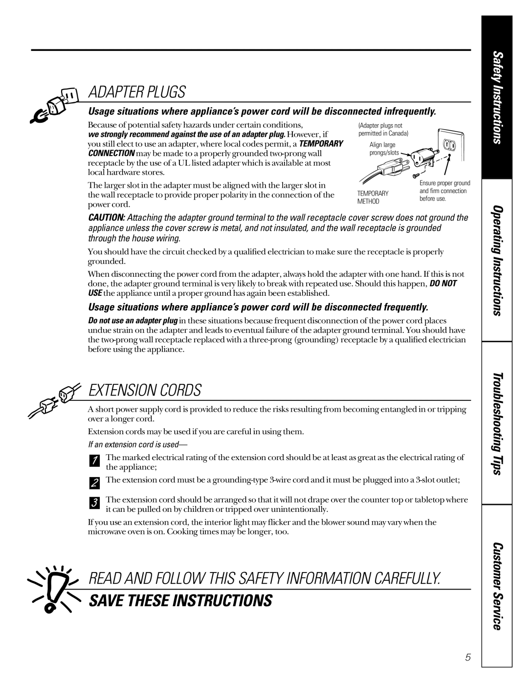 GE JEJ180 owner manual Adapter Plugs, If an extension cord is used 