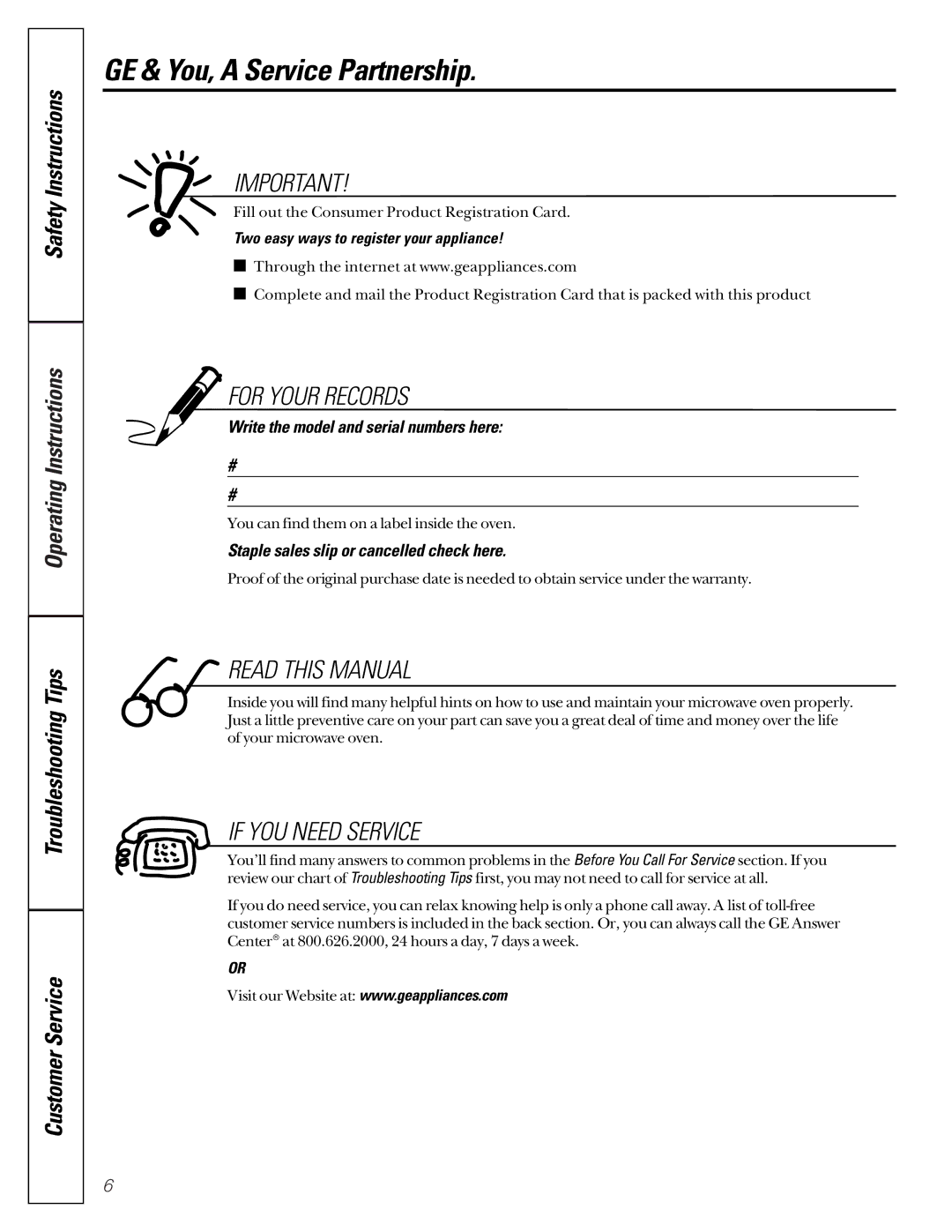 GE JEJ180 owner manual GE & You, a Service Partnership, Write the model and serial numbers here 