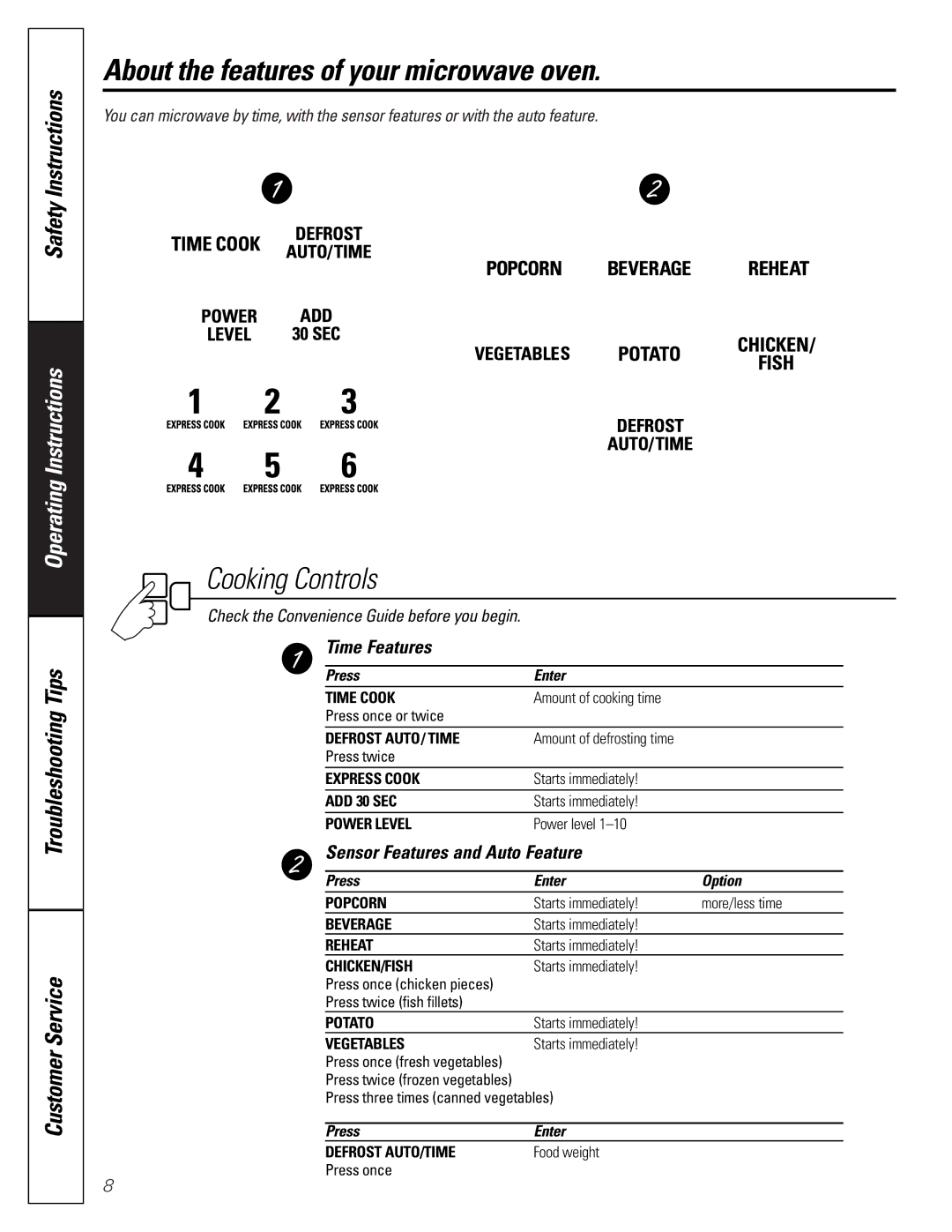 GE JEJ180 owner manual Time Features, Sensor Features and Auto Feature 