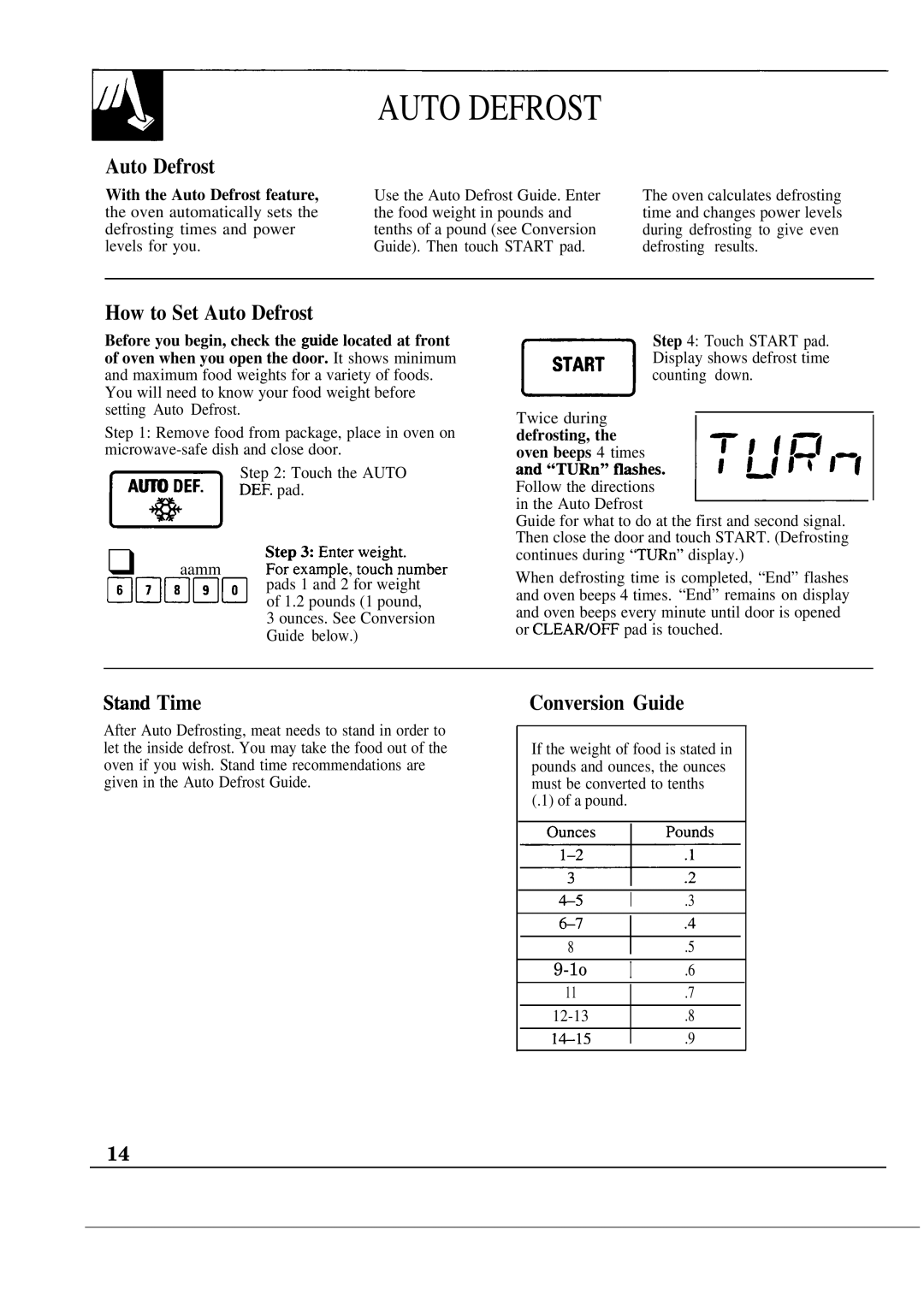 GE JEM23L operating instructions How to Set Auto Defrost, Stind Time, Conversion Guide 