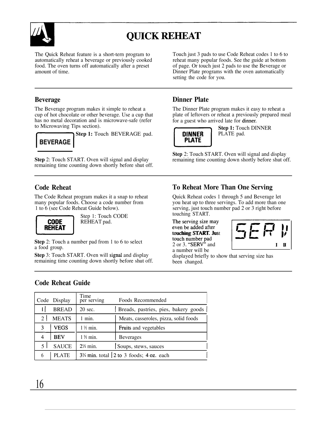 GE JEM23L operating instructions Beverage, Dinner Plate, To Reheat More Than One Serving, Code Reheat Guide 