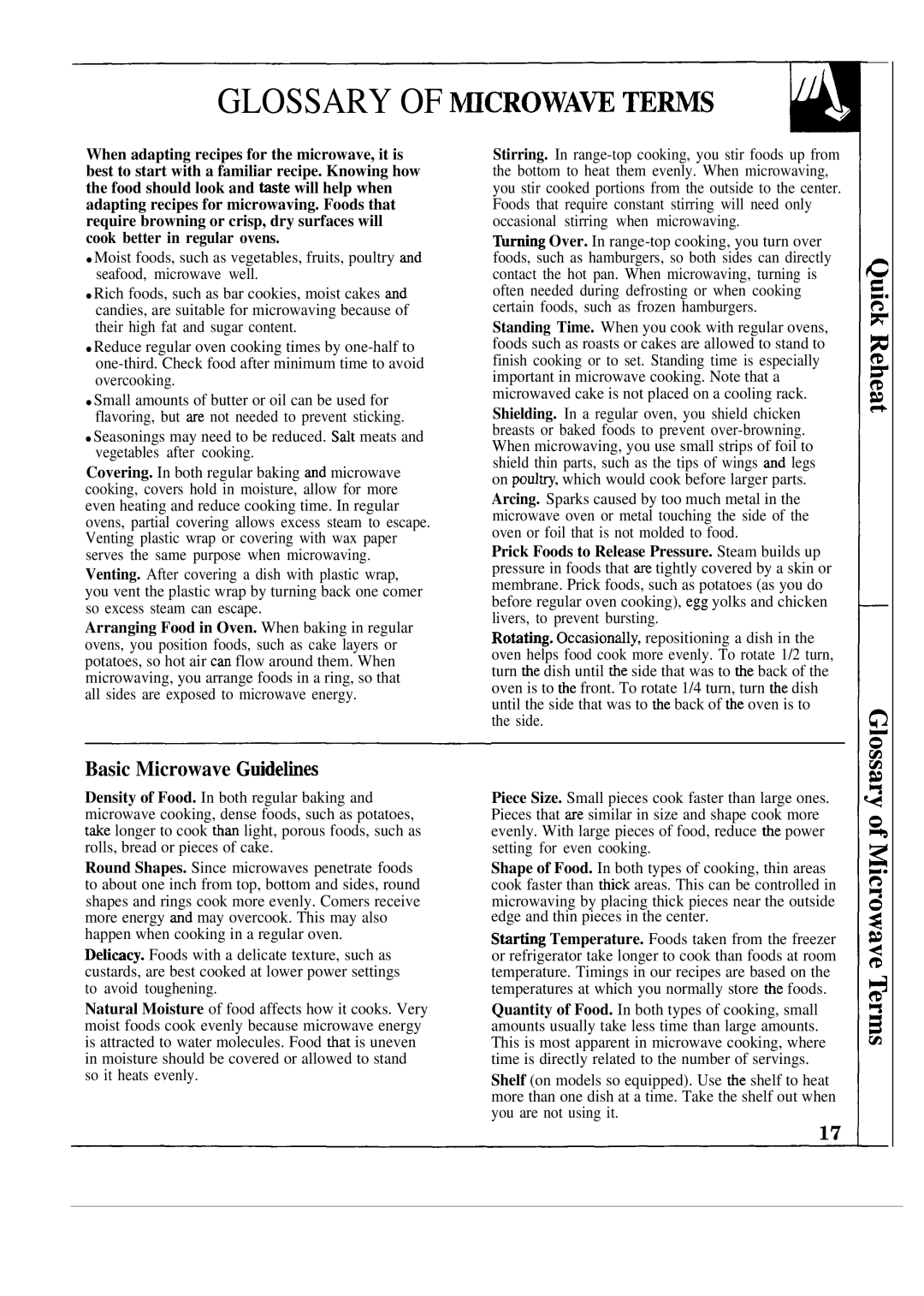 GE JEM23L operating instructions Glossary of ~CROWAW TE~S, Basic Microwave Gtidelhes 