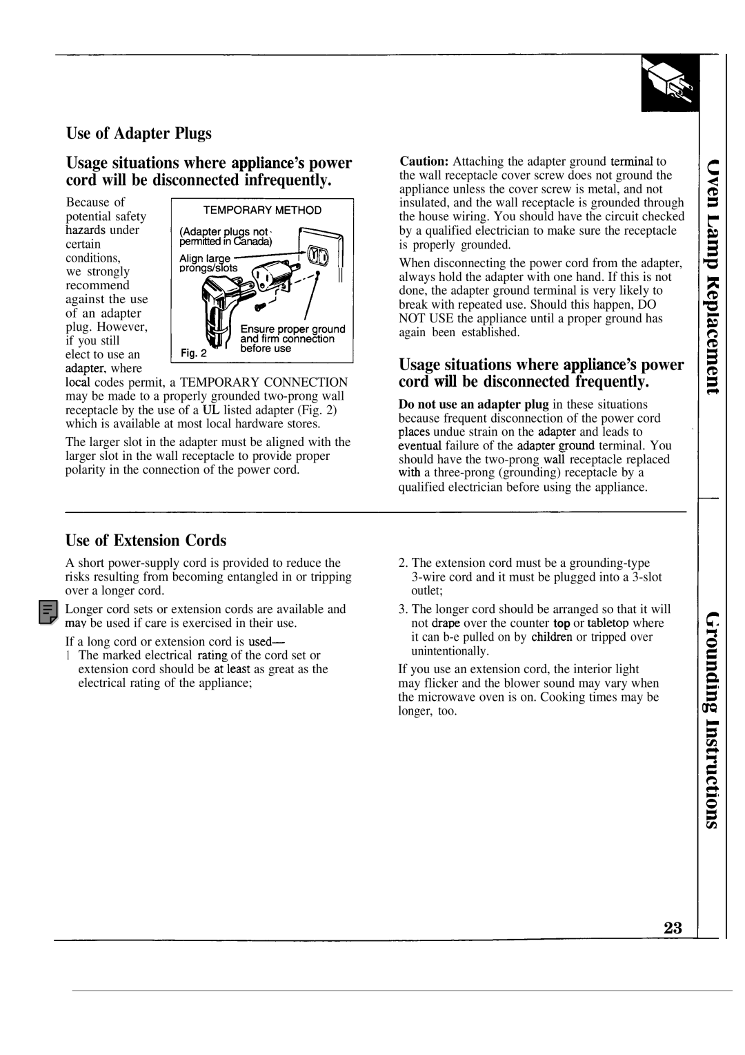 GE JEM23L operating instructions Use of Adapter Plugs, Use of Extension Cords 