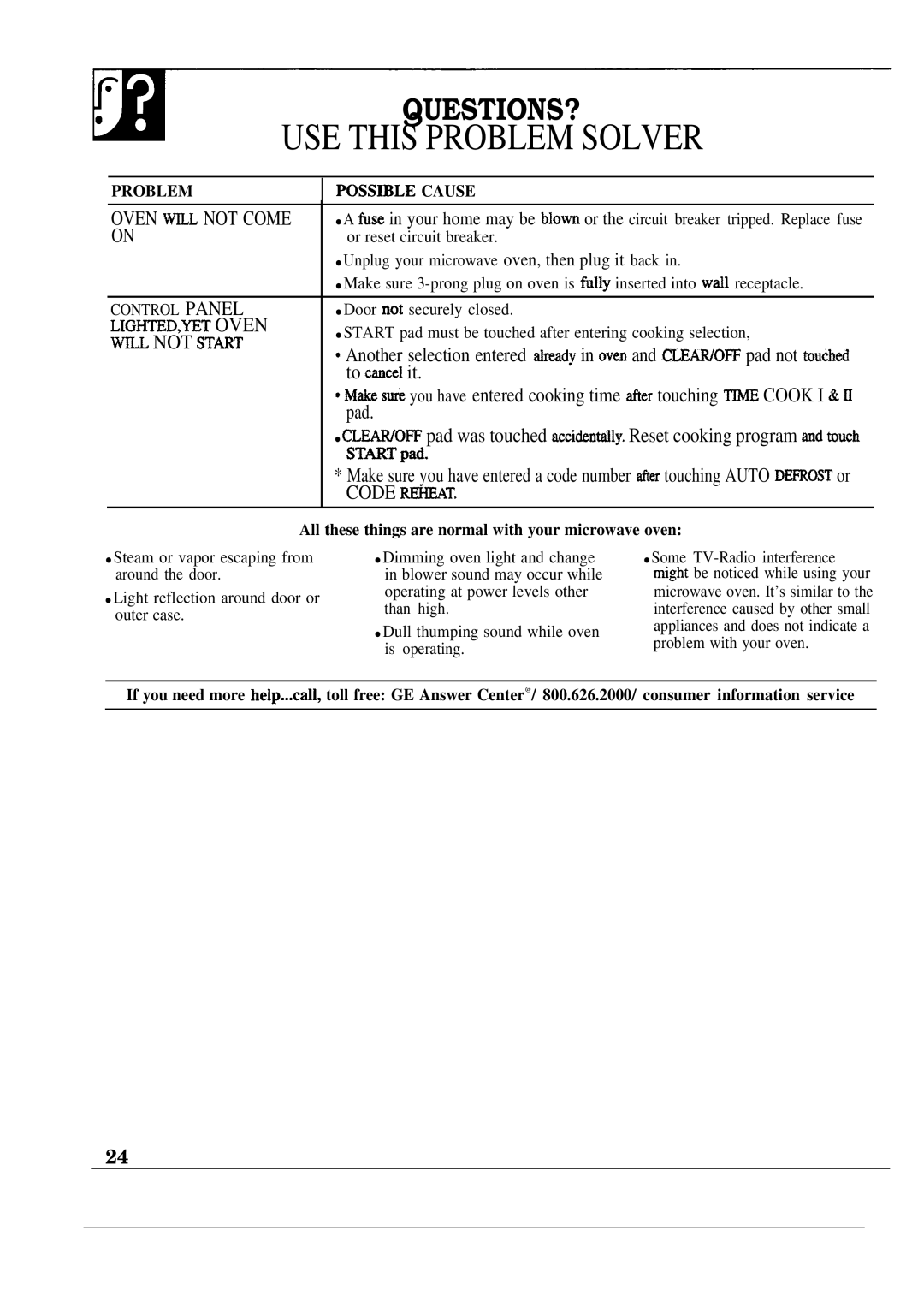 GE JEM23L operating instructions USE this Problem Solver, All these things are normal with your microwave oven 