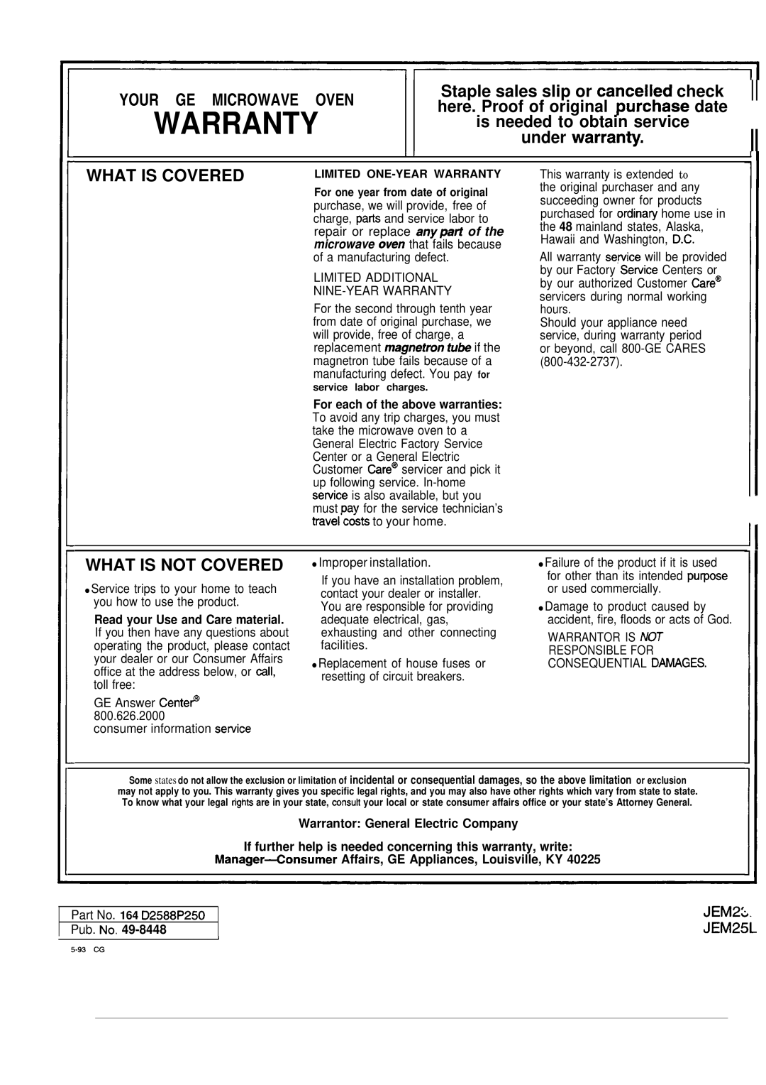 GE JEM23L operating instructions Warranty 