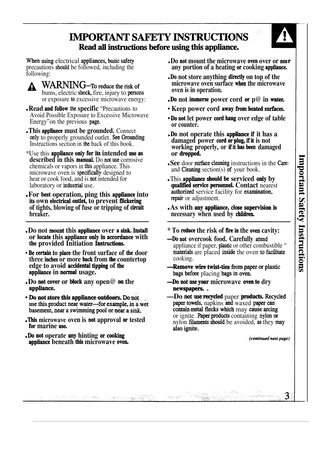 GE JEM23L operating instructions This apptiance must be grounded. Connect, Do not immerse power cord or p@ in water 