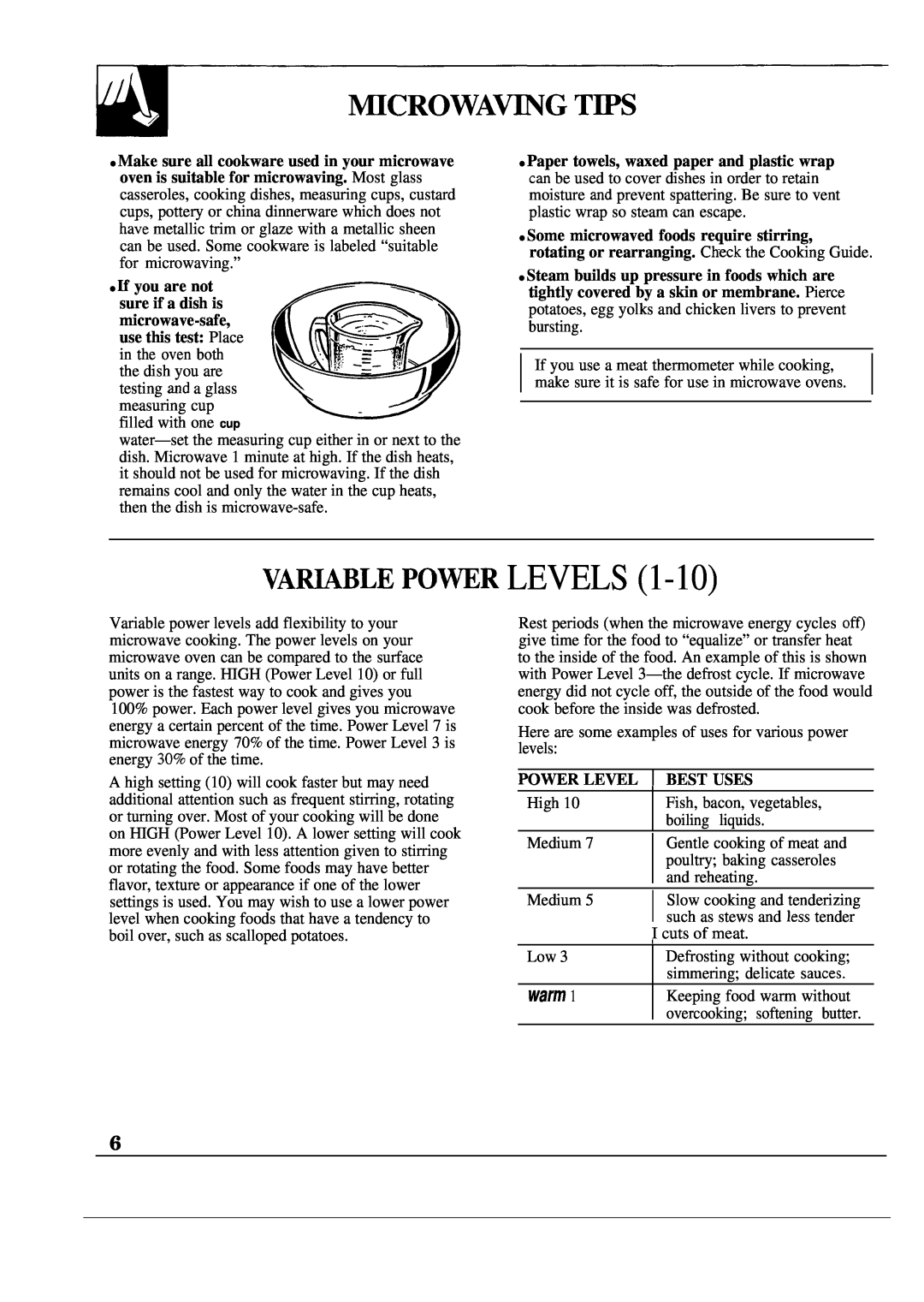 GE JEM23L operating instructions Va~Ble Po~R Levels, warm, E you are not, Powr Level, Best Uses 