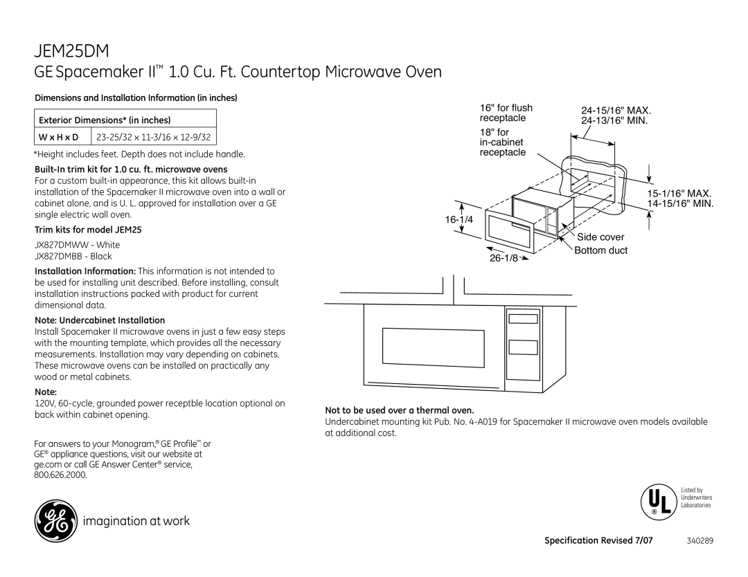 GE JEM25DMBB dimensions GE Spacemaker II 1.0 Cu. Ft. Countertop Microwave Oven, Bottom duct 