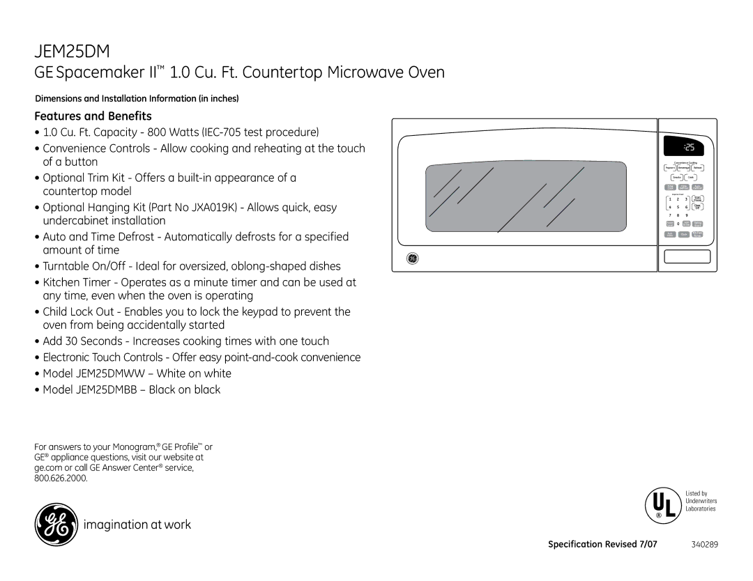 GE JEM25DMBB dimensions Features and Benefits, Dimensions and Installation Information in inches 