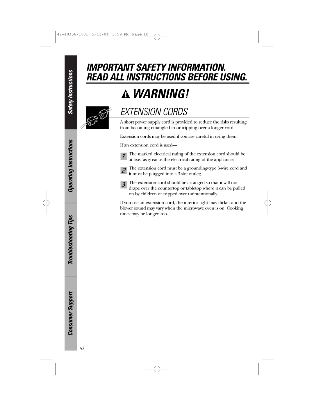 GE JEM31 owner manual Extension Cords 