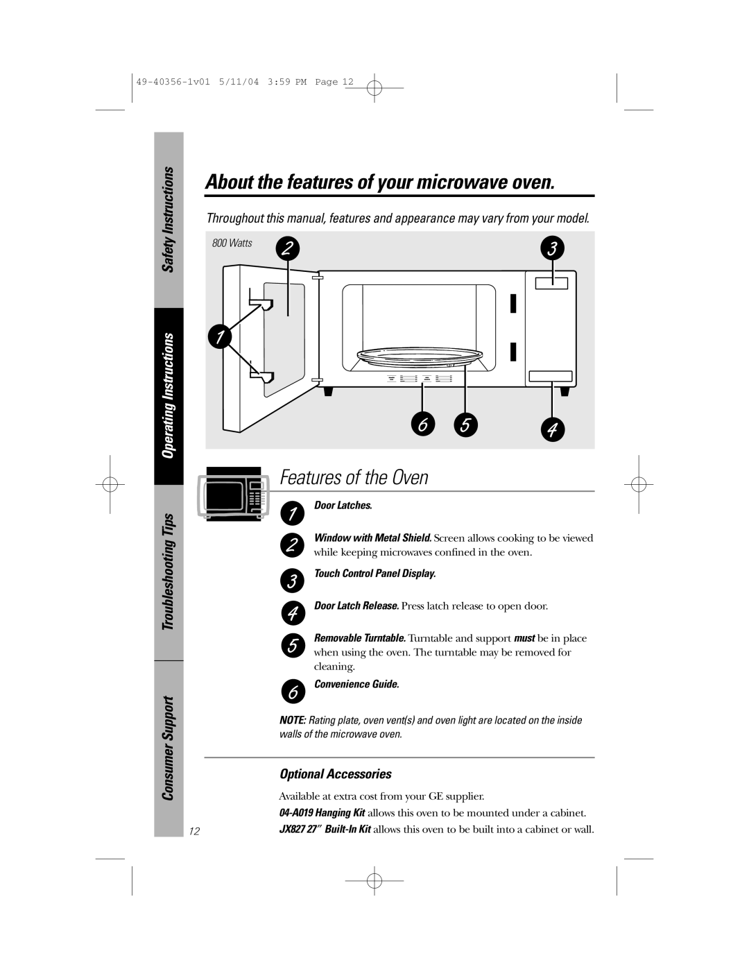 GE JEM31 owner manual About the features of your microwave oven, Features of the Oven, Optional Accessories 