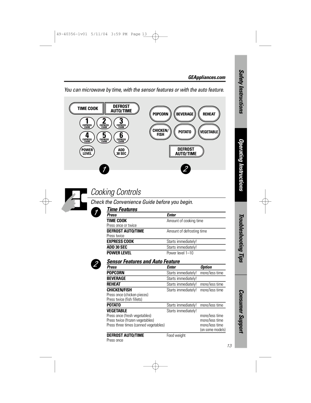 GE JEM31 owner manual Time Features, Sensor Features and Auto Feature, Press Enter Option 