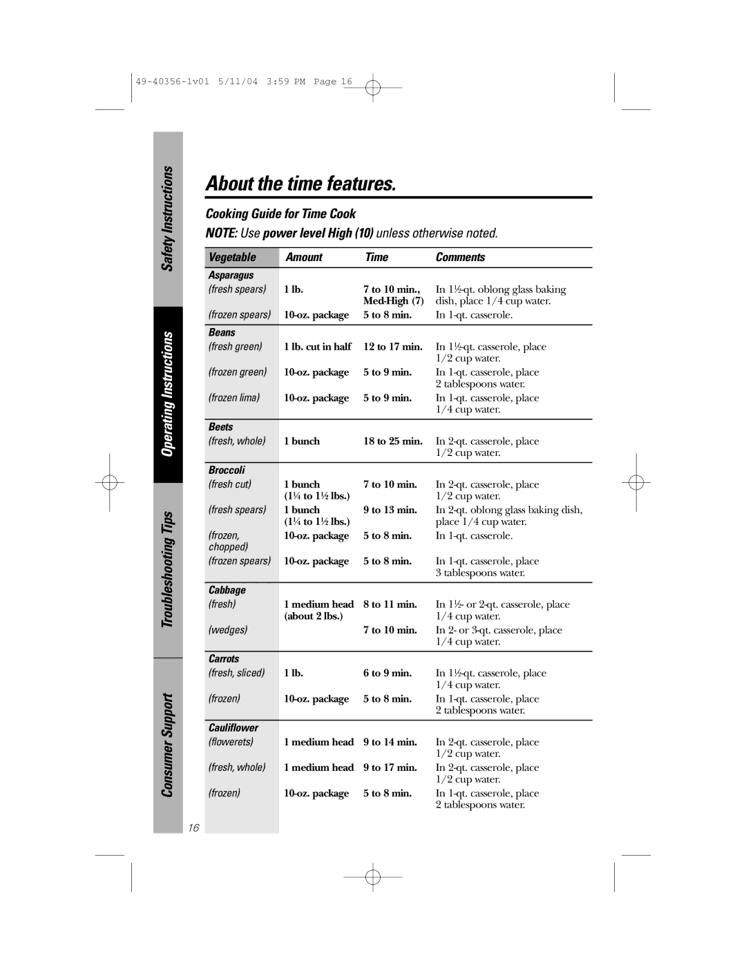 GE JEM31 owner manual Cooking Guide for Time Cook, Vegetable Amount Time Comments 