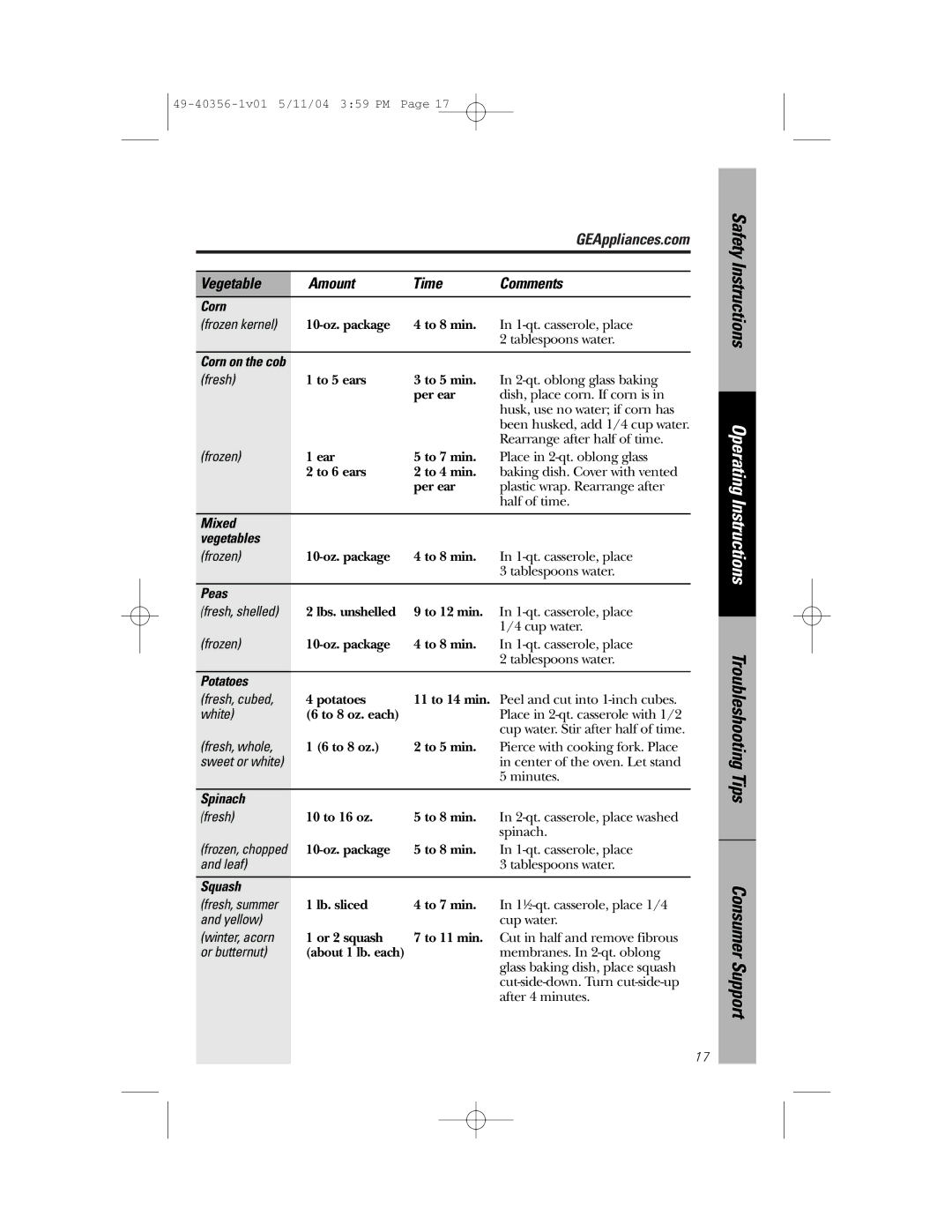 GE JEM31 owner manual Corn, Mixed Vegetables, Peas, Potatoes, Spinach, Squash 