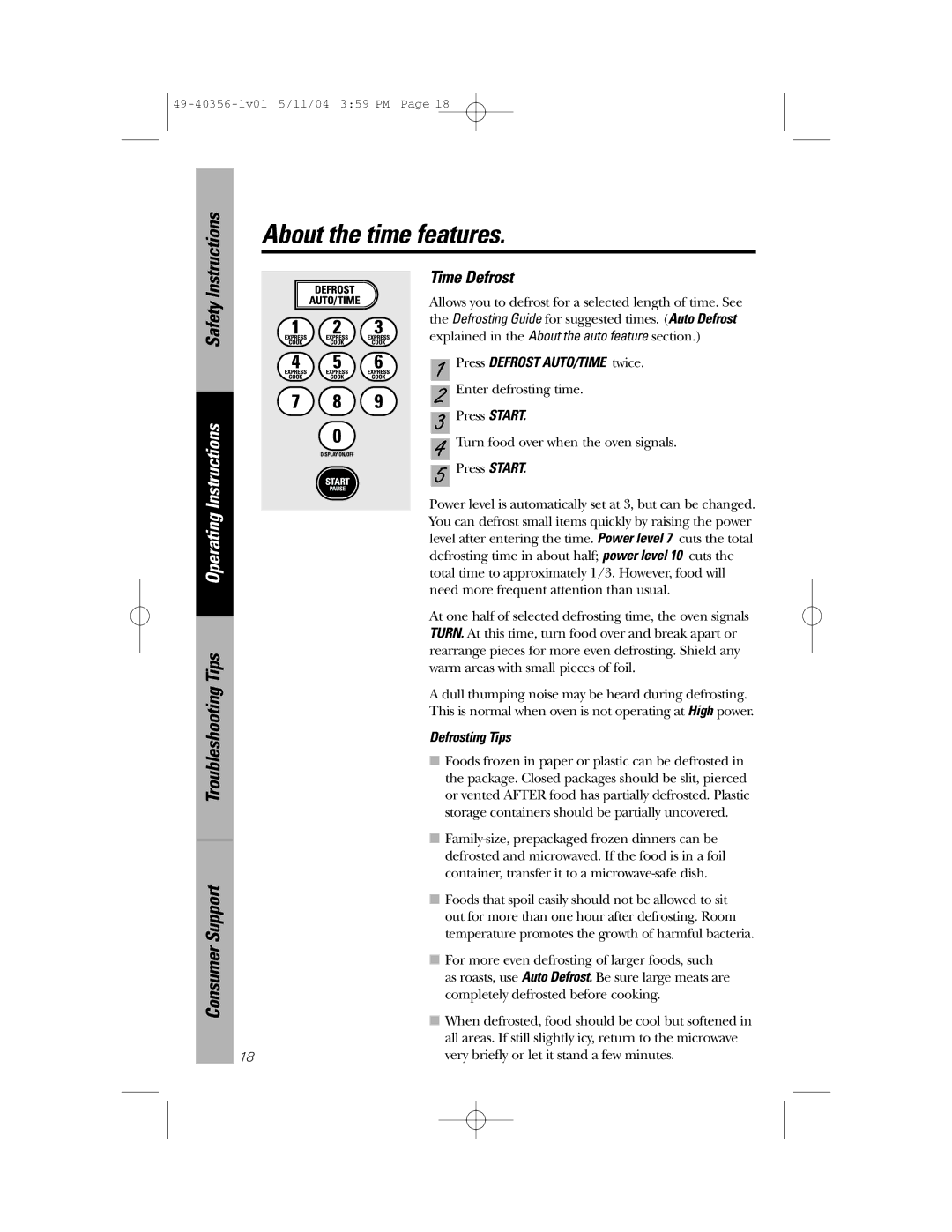 GE JEM31 owner manual Time Defrost, Defrosting Tips 