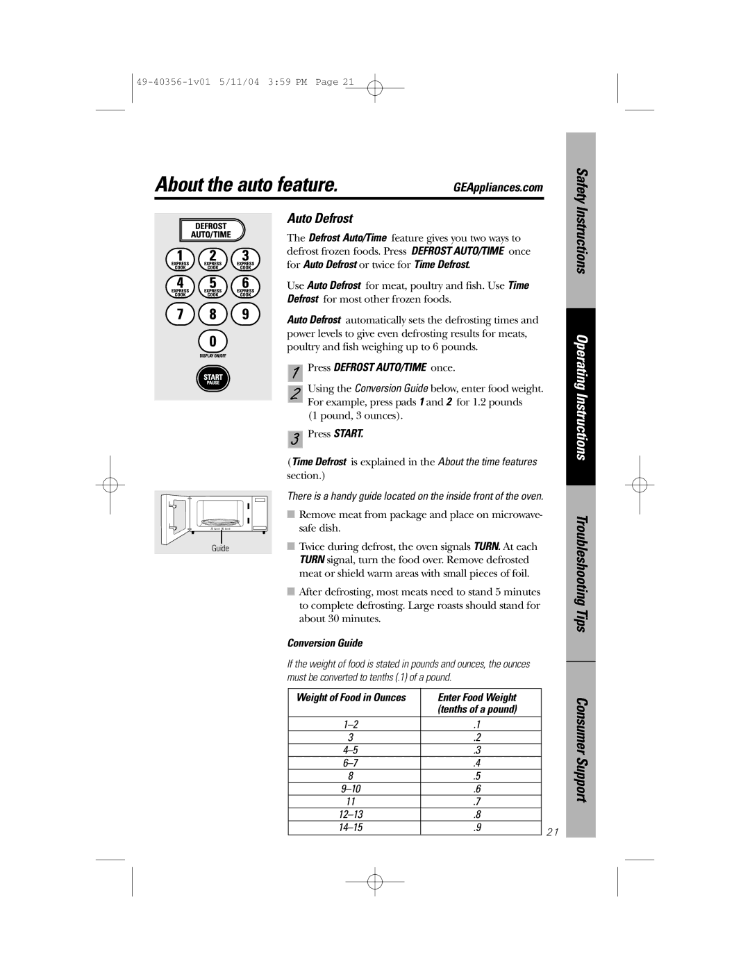 GE JEM31 owner manual About the auto feature.GEAppliances.com, Auto Defrost, Press Defrost AUTO/TIME once, Conversion Guide 