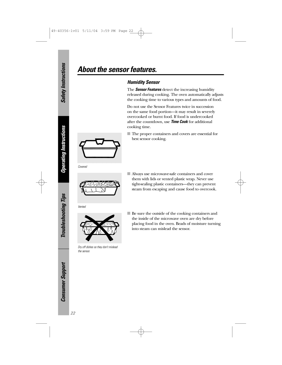 GE JEM31 owner manual About the sensor features, Humidity Sensor 