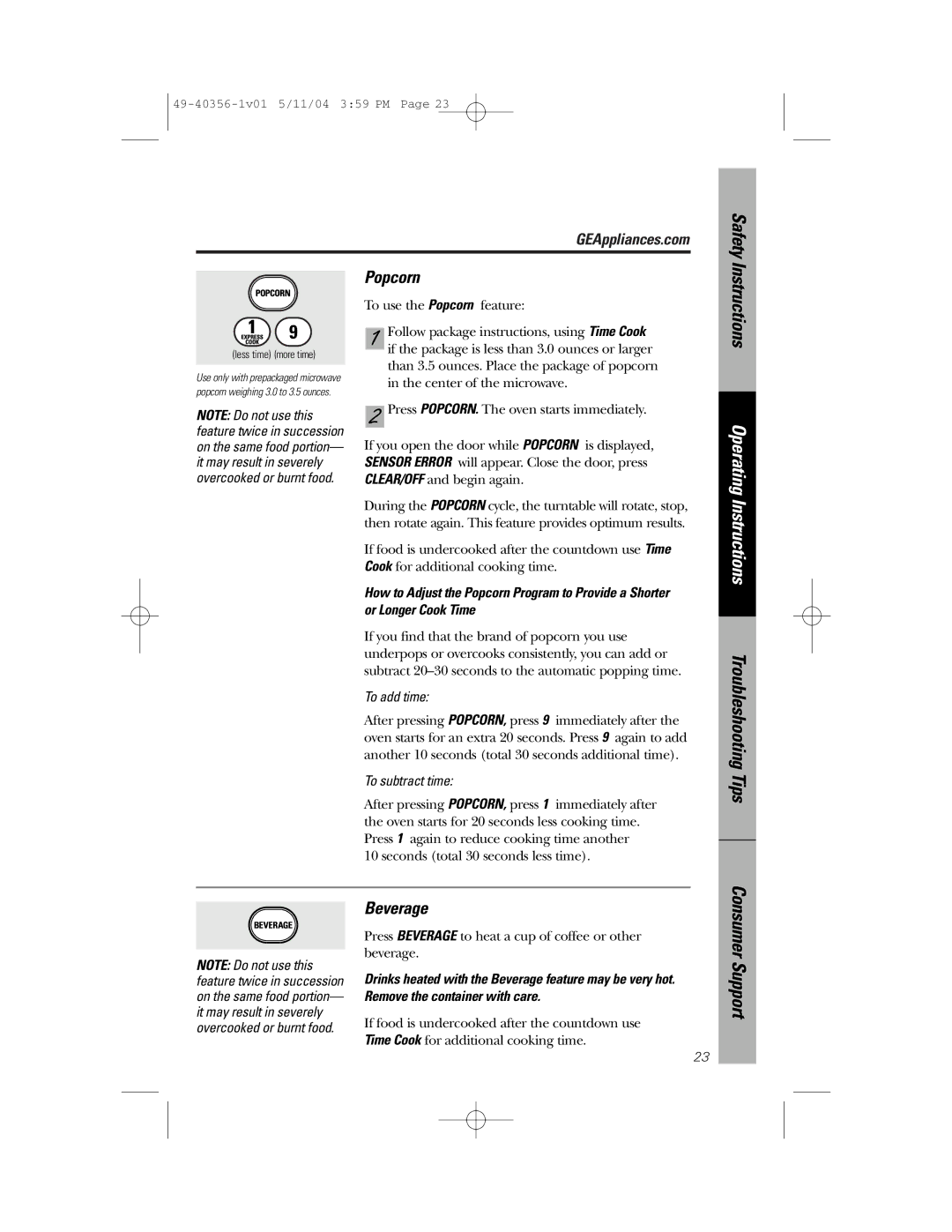 GE JEM31 owner manual Popcorn, Beverage, To add time, To subtract time 