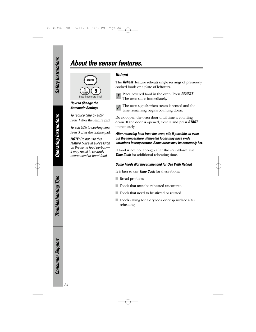 GE JEM31 owner manual Reheat, How to Change Automatic Settings, To reduce time by 10% 