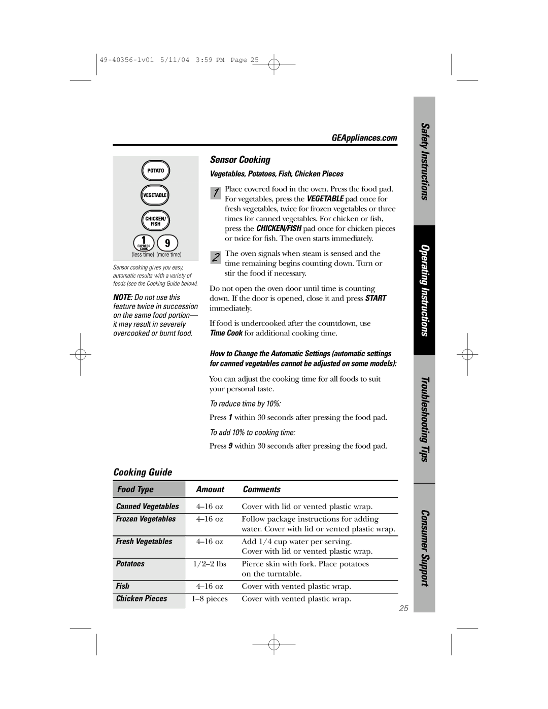 GE JEM31 owner manual Sensor Cooking, Cooking Guide, Troubleshooting Tips, Food Type Amount Comments 