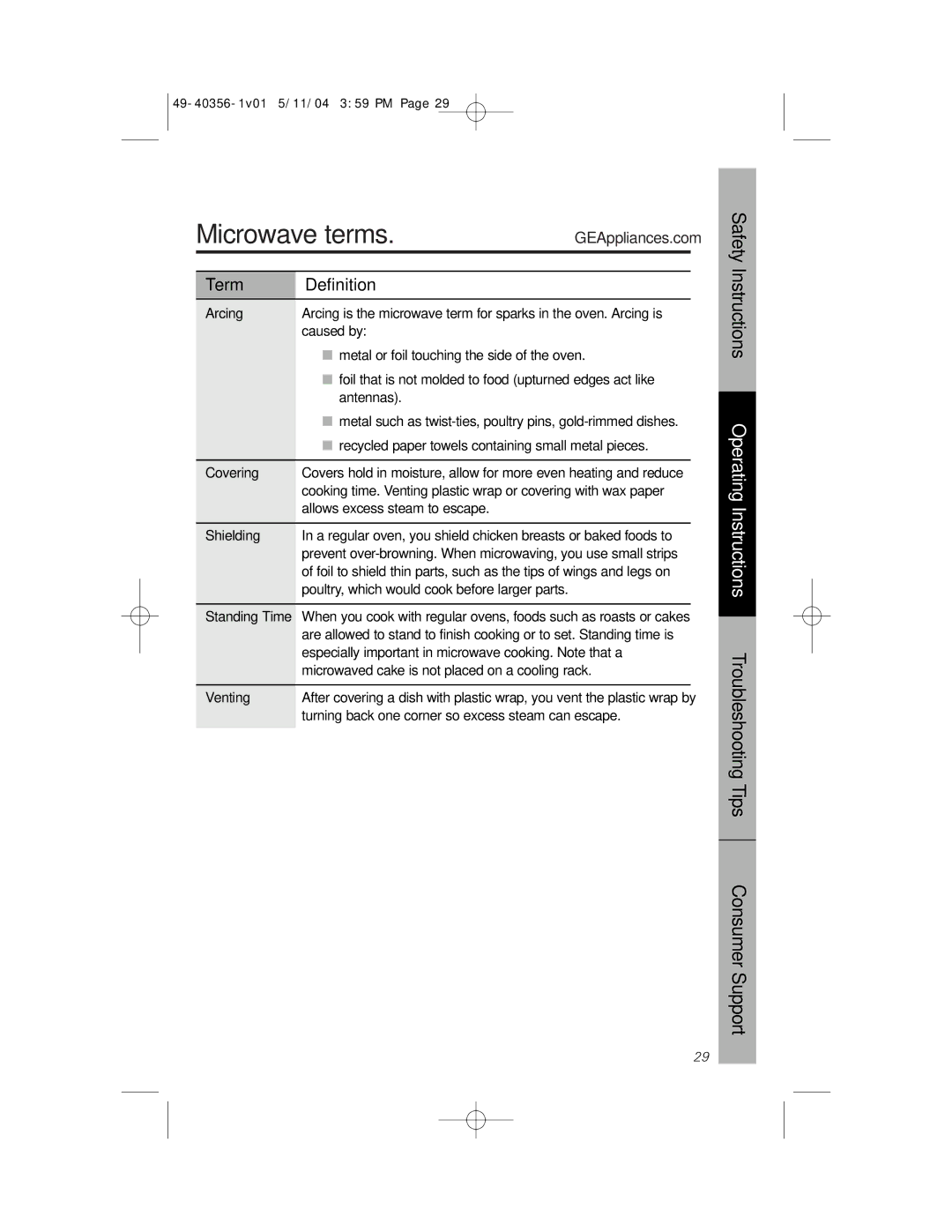 GE JEM31 owner manual Microwave terms, Term Definition 