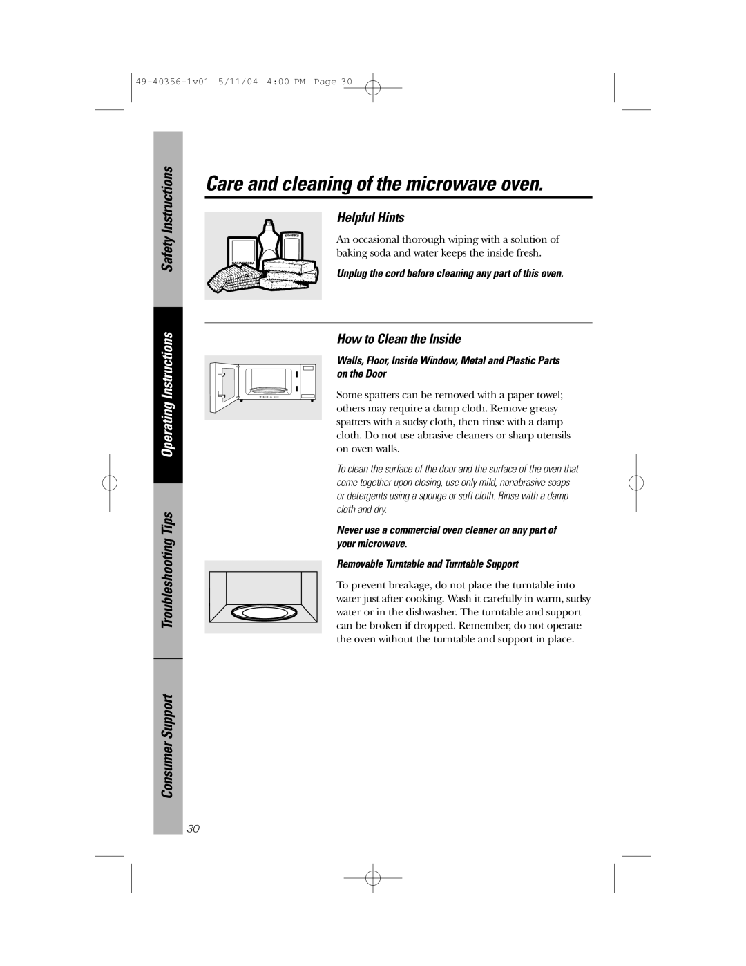 GE JEM31 owner manual Care and cleaning of the microwave oven, Helpful Hints, How to Clean the Inside 