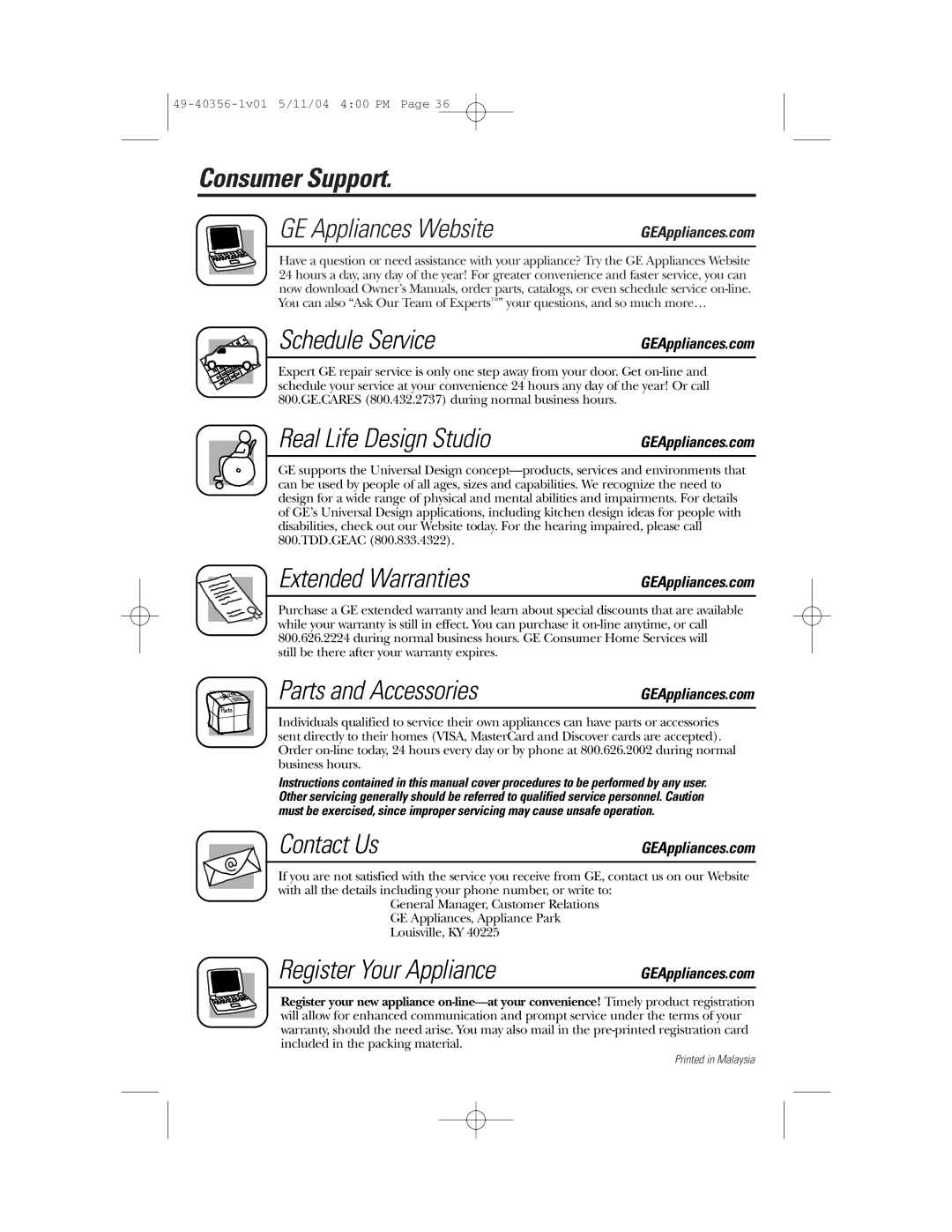 GE JEM31 Consumer Support GE Appliances Website, Schedule Service, Real Life Design Studio, Extended Warranties 