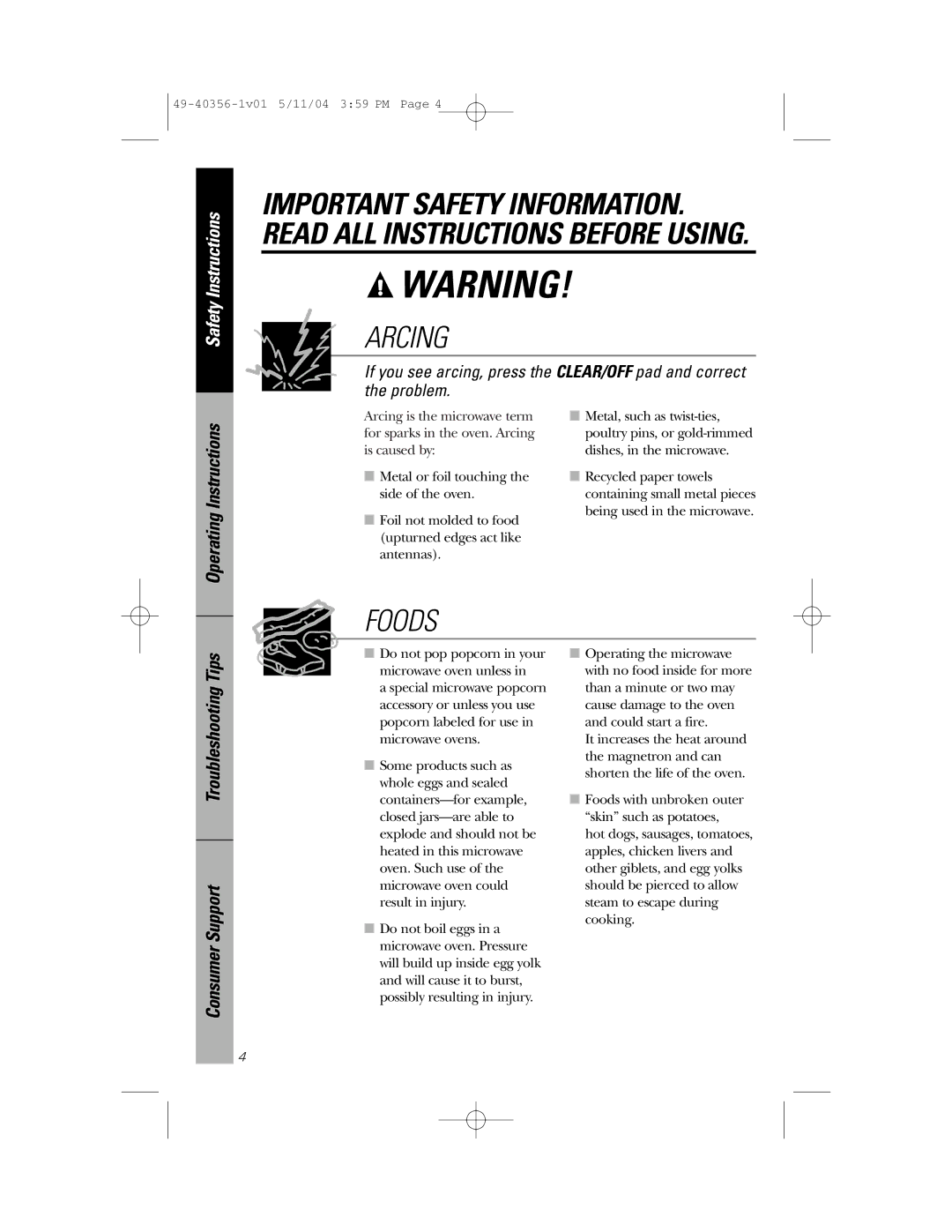 GE JEM31 owner manual Arcing, Operating Instructions 